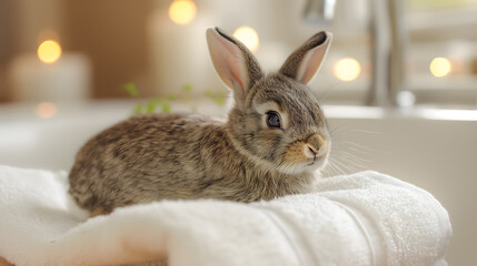 Adorable Bunny Relaxing on a Soft White Towel