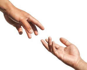 Two human hands are making a gesture of reaching out to touch each other's hands. or holding hands to ask for help or grab something Isolated on a white background.