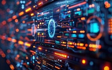 Obraz premium A complex digital system exhibits a cybersecurity specialist's analysis of cyber threats, incorporating live tracking of firewalls, intrusion detection systems, and malware risks, Constructed Using