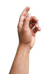 Vertical image of a man's hand raising his hand.  Acting like I'm about to pick up something  or about to help isolated on white background.