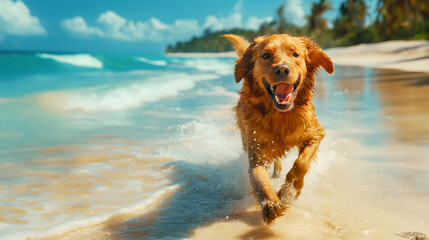 Joyful Golden Retriever Running on a Tropical Beach