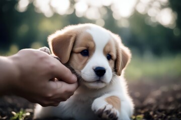 'paw owner adorable puppy outdoors gives high five pet happy dog background shepherd australian blue young beautiful white cute animal breed purebred outdoors1 domestic mammal canino nature green' - obrazy, fototapety, plakaty