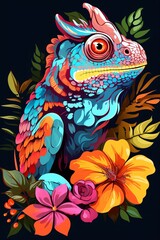 Chameleon  Chameleon on a vibrant multicolored tropical flower hand drawing cute owl isolated on white background