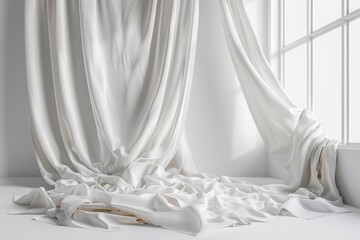 A white sheer curtain hanging against a white wall.