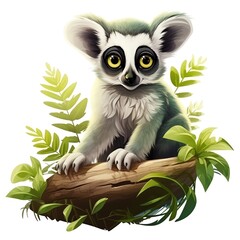 Lemur  Curious lemur in a bright green Madagascar forest hand drawing cute owl isolated on white background