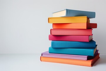 Stacks of vibrant books stand tall against a blank white backdrop.