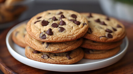 Fototapeta na wymiar Stack of Homemade Chocolate Chip Cookies on a White Plate