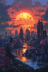 Deserted structures in a modern metropolis during dusk, futuristic landscape depicted in an artwork. - obrazy, fototapety, plakaty