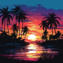 Silhouette of palm trees against a deep blue sunset sky water color, drawing style, isolated clear background