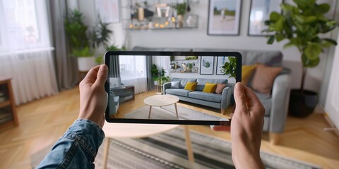 Man using augmented reality software on digital tablet to select furniture for living room decor.