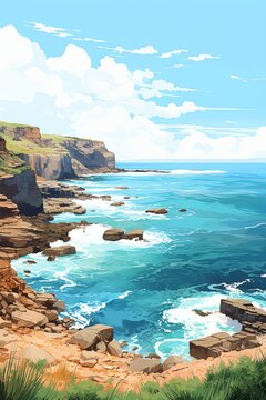 Rugged coastline, deep blue sea against gray cliffs water color, drawing style, isolated clear background