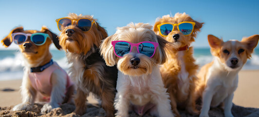 A Pack of Stylish Dogs Wearing Sunglasses on a Sunny Beach Day