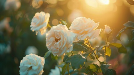 White roses blooming during a summer afternoon