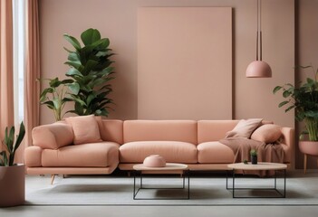 template interior modern houseplants coffee tones room pink interior Trendy living creative minimalist couch monochrome poster 3D details orange Mockup Stylish table pastel