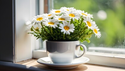 A sunny window illuminates a white daisy resting delicately in a white cup.