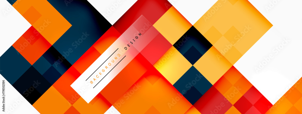 Aufkleber An abstract art piece featuring a colorful background with rectangles, triangles, and lines in shades of orange, magenta, and other tints. Symmetrical design on a white canvas