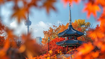 Experience the stunning fall foliage at a prominent tower and pavilion in the capital of South Korea. - 798502100