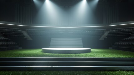A stage in the middle of a sports arena with empty rows and bright lights, providing an ideal platform to showcase your merchandise on the grass field of a soccer match. - 798502523