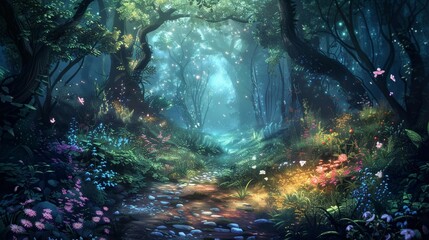 Produce a charming artwork showcasing a mystical woodland inspired by fairytales.