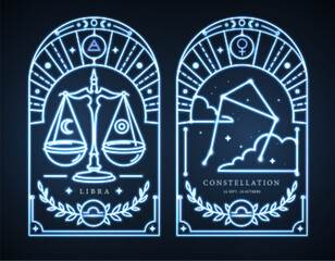 Set of neon modern magic witchcraft cards with astrology Libra zodiac sign characteristic. Vector illustration
