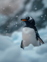 Fototapeta premium Gentle Penguin in a Serene Snowscape Amid Falling Snowflakes