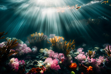 Ethereal Sunbeams Illuminate Vibrant Underwater Coral Landscape
