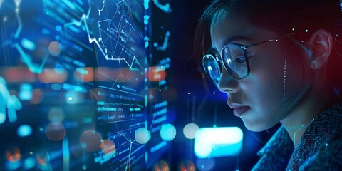 Digital hologram and female on tablet pondering about data analysis technology and dark overlay. Coder or tech expert in spectacles on 3D display coding and cyber safety investigation.