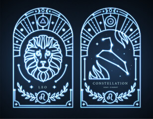 Set of neon modern magic witchcraft cards with astrology Leo zodiac sign characteristic. Vector illustration