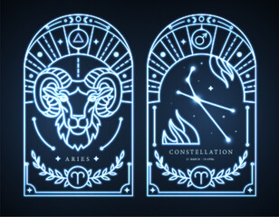 Set of neon Modern magic witchcraft cards with astrology Aries zodiac sign characteristic. Vector illustration