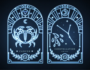 Set of neon modern magic witchcraft cards with astrology Cancer zodiac sign characteristic. Vector illustration