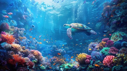 Fototapeta premium A vibrant coral reef teeming with life, with colorful fish, majestic sea turtles, and intricate coral formations stretching as far as the eye can see