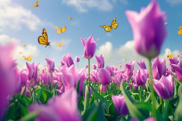 Purple Tulip Flowers field with butterflies in sunny day with blue sky at summer, summer flowers, summer holiday theme.