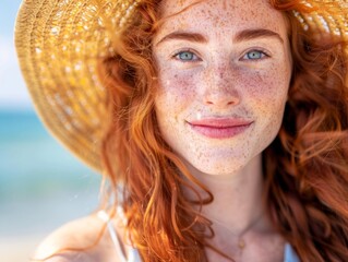 Portrait of beautiful mature woman in casual wearing straw hat at seaside. Cheerful young woman smiling at beach during summer vacation. Happy girl with red hair and freckles enjoying the sun 