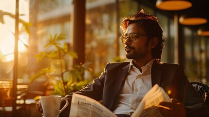 A contemporary Indian businessman enjoys coffee and reads the paper at a cafe with a stunning...