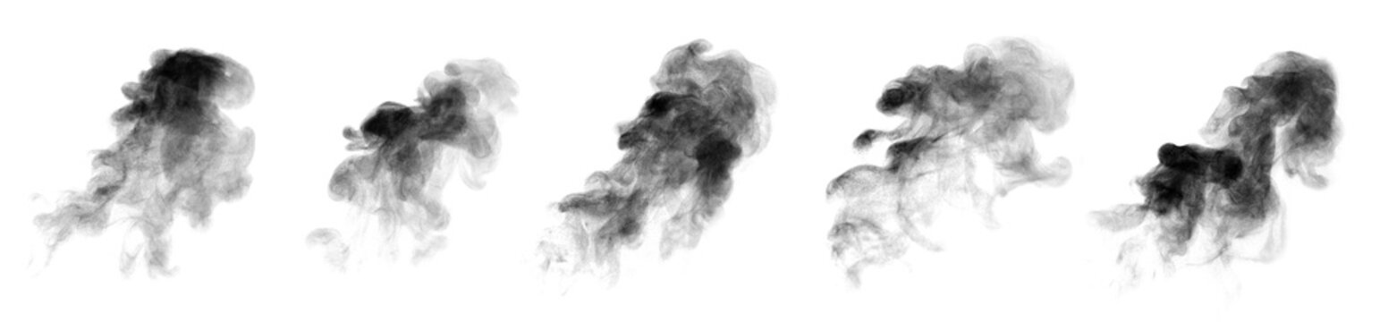 black smoke steam air pollution isolated on a black background. The concept of texture dark fog, or hot vapor. abstract fog effect and clouds for design, smog elements