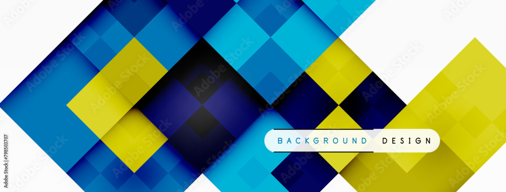 Poster a modern background design featuring blue and yellow rectangles on a white backdrop, with hints of p