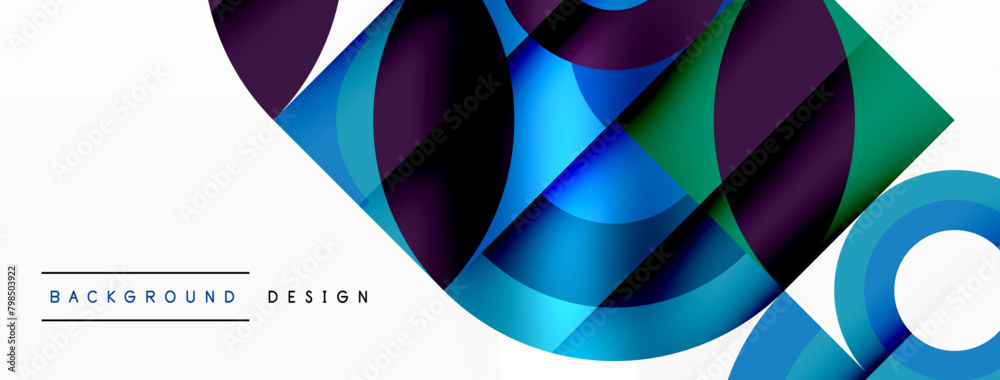 Poster An artistic composition featuring a vibrant color palette of azure, purple, and magenta on a background of abstract circles and squares, showcasing the material property of colorfulness in art