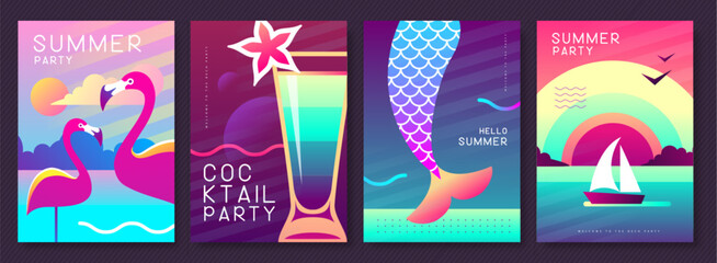 Set of fluorescent summer posters with summer attributes. Cocktail silhouette, flamingo, mermaid tail and ship in the sea. Vector illustration - obrazy, fototapety, plakaty