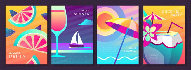 Set of fluorescent posters with summer attributes. Wine glass silhouette, pina colada, fruil slices, beach umbrella and ship. Vector illustration © annbozhko