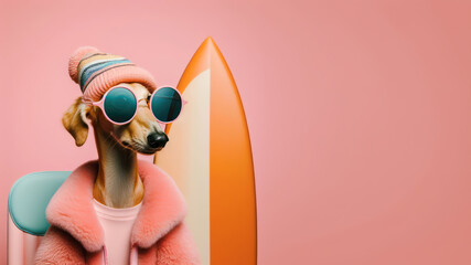 Fototapeta premium Funny dog wearing summer fashion on pastel background with copy space. Summer Vacation Concept.