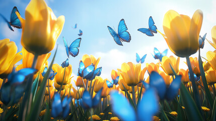 Yellow Tulip Flowers field with blue butterflies in sunny day with blue sky at summer, summer flowers, summer holiday theme.