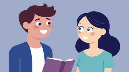 A woman smiles shyly at the man next to her their eyes meeting for just a moment before striking up a conversation about the book hes reading.. Vector illustration