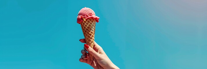 A vivid portrayal of a female hand gripping a strawberry ice cream cone against a vibrant blue sky, evoking a sense of summer bliss.