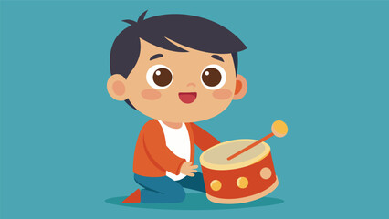 A young child eyes wide with wonder joining in the drumming with a small drum of their own.. Vector illustration