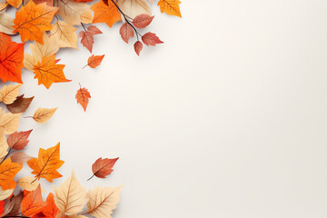 Autumn leaves on white background with copy space. Top view