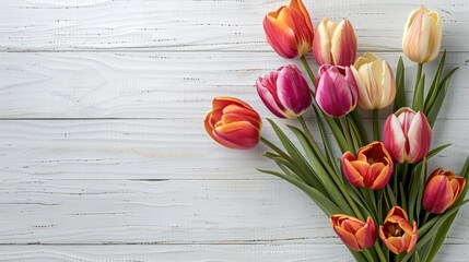 A gorgeous bouquet of tulips set against a pristine white wooden backdrop