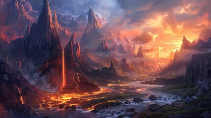 An image of a mysterious land where natural elements combine in unique ways, like rivers of fire or mountains of crystal