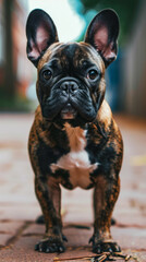 Fototapeta premium Brindle French Bulldog Standing on a Cobbled Street