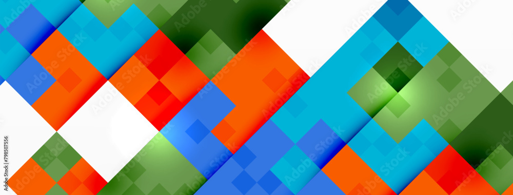 Poster a vibrant textile design featuring a colorful geometric pattern of squares in shades of azure, orang