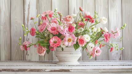 Fototapeta na wymiar Celebrate Valentine s Mother s or Women s Day with a stunning flower arrangement featuring pink blooms set against a rustic white wooden backdrop in a charming still life display